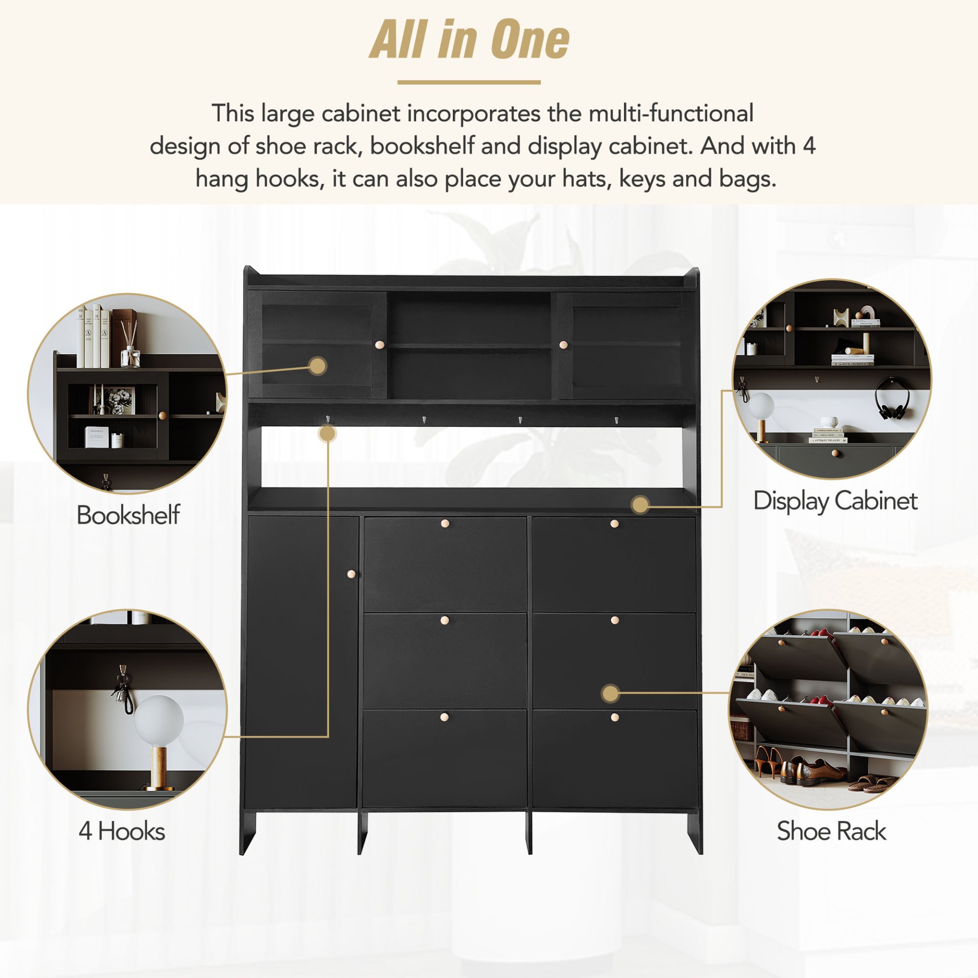 Multifunctional Tipping Bucket Shoe Cabinet With Storage Shelf & 6 Flip Drawers, Large Hall Tree With Tempered Glass Doors, Foyer Cabinet With 4 Hooks For Hallway - Black - Image 6