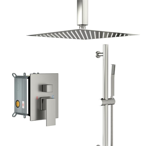 Ceiling Mounted Square Shower System With Adjustable Slide Bar, 16" Rainfall Shower With Handheld - Brushed Nickel