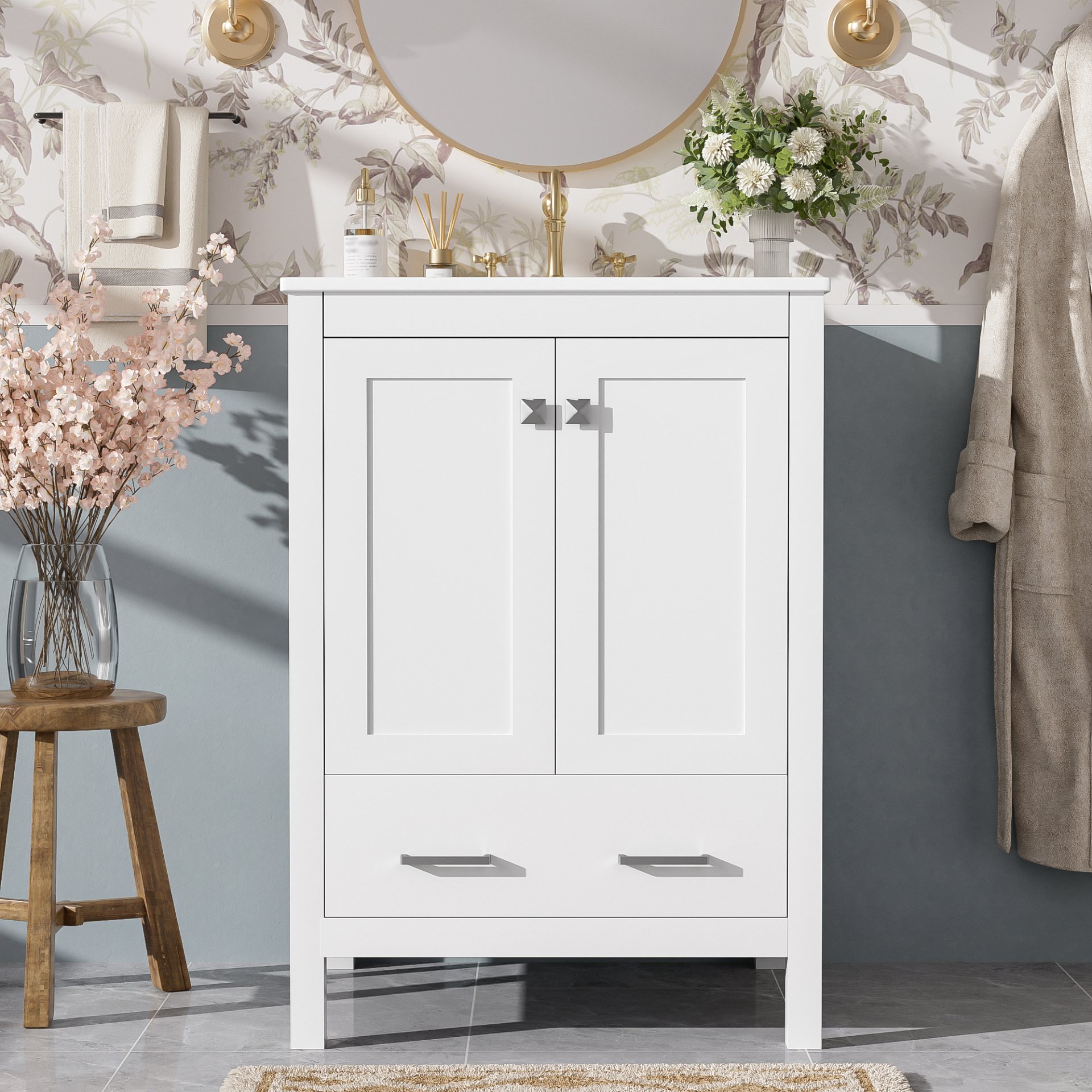24" Bathroom Vanity With Integrated Undermount Sink, Soft Close Doors, 2 Doors 1 Drawer Storage - White - Image 6