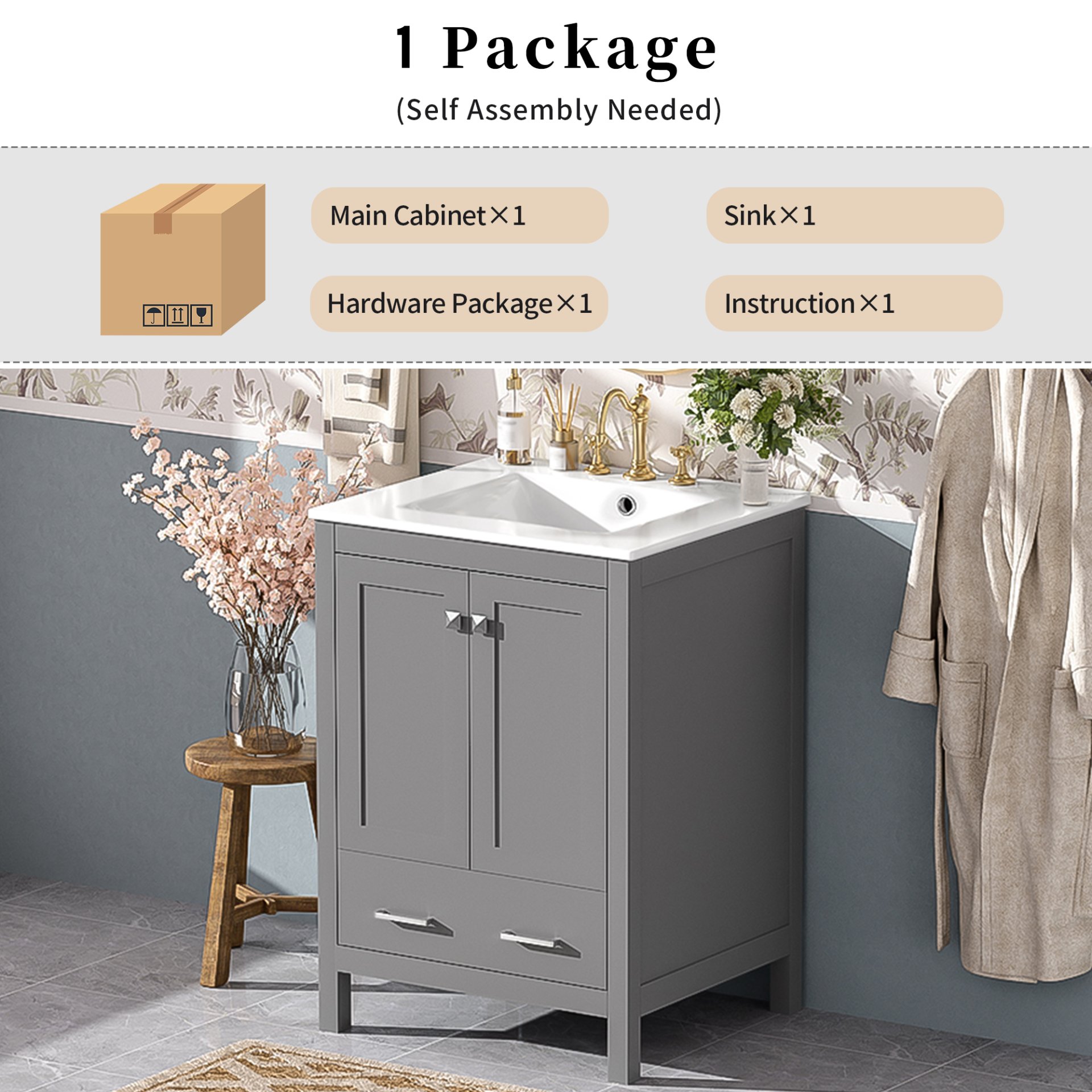24" Bathroom Vanity With Integrated Undermount Sink, 2 Doors 1 Drawer, Soft Close Hinges, - Gray - Image 10