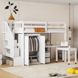 Twin Size Loft Bed With Stairs, Bookshelf, Drawers, Desk & Wardrobe, Space Saving Multifunctional Furniture - White