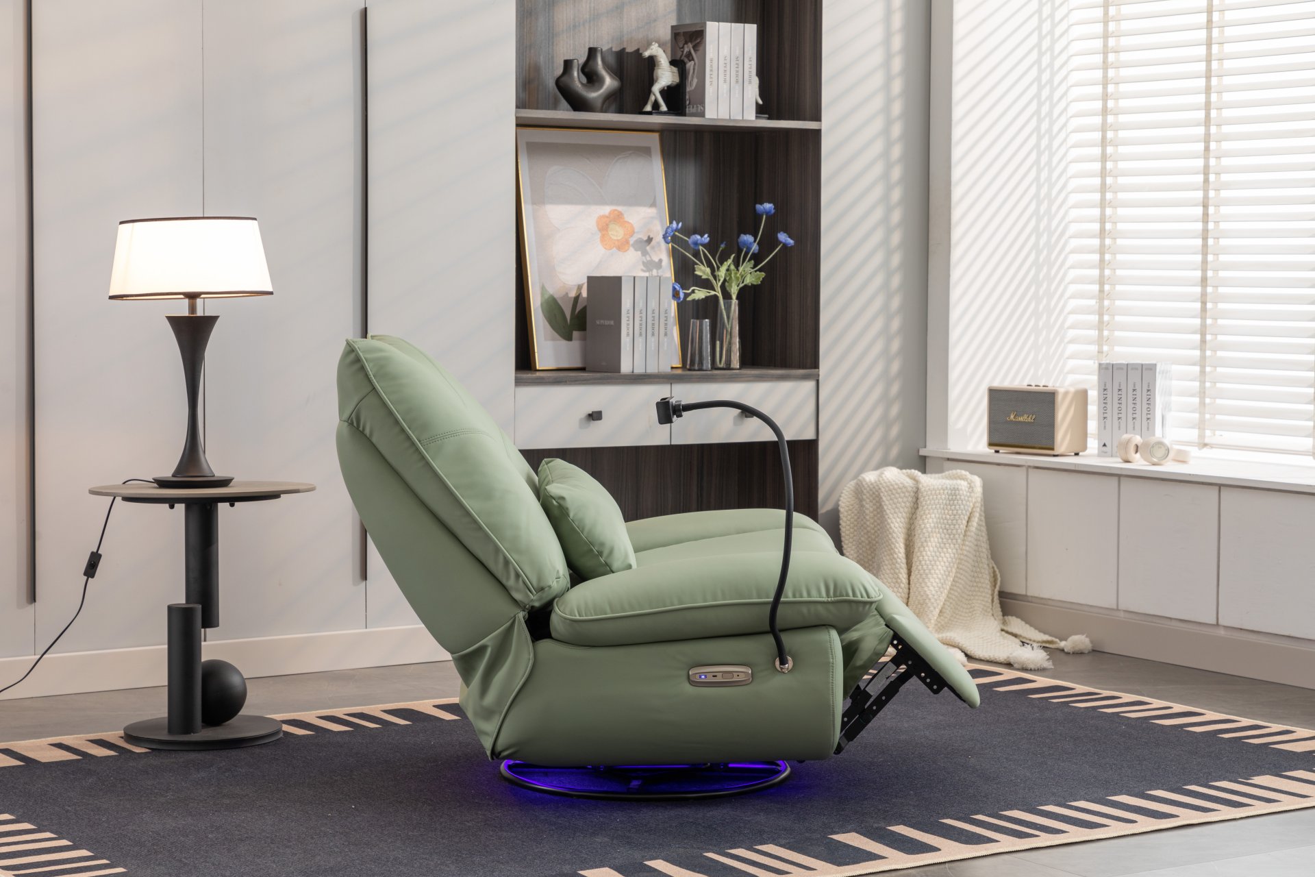 270 Swivel Glider Recliner Chair, Power Recliner Rocking Chair, USB Port Charge For Nursery Chair With Atmosphere Lamp For Living Room Bedroom Apartment - Green - Image 7