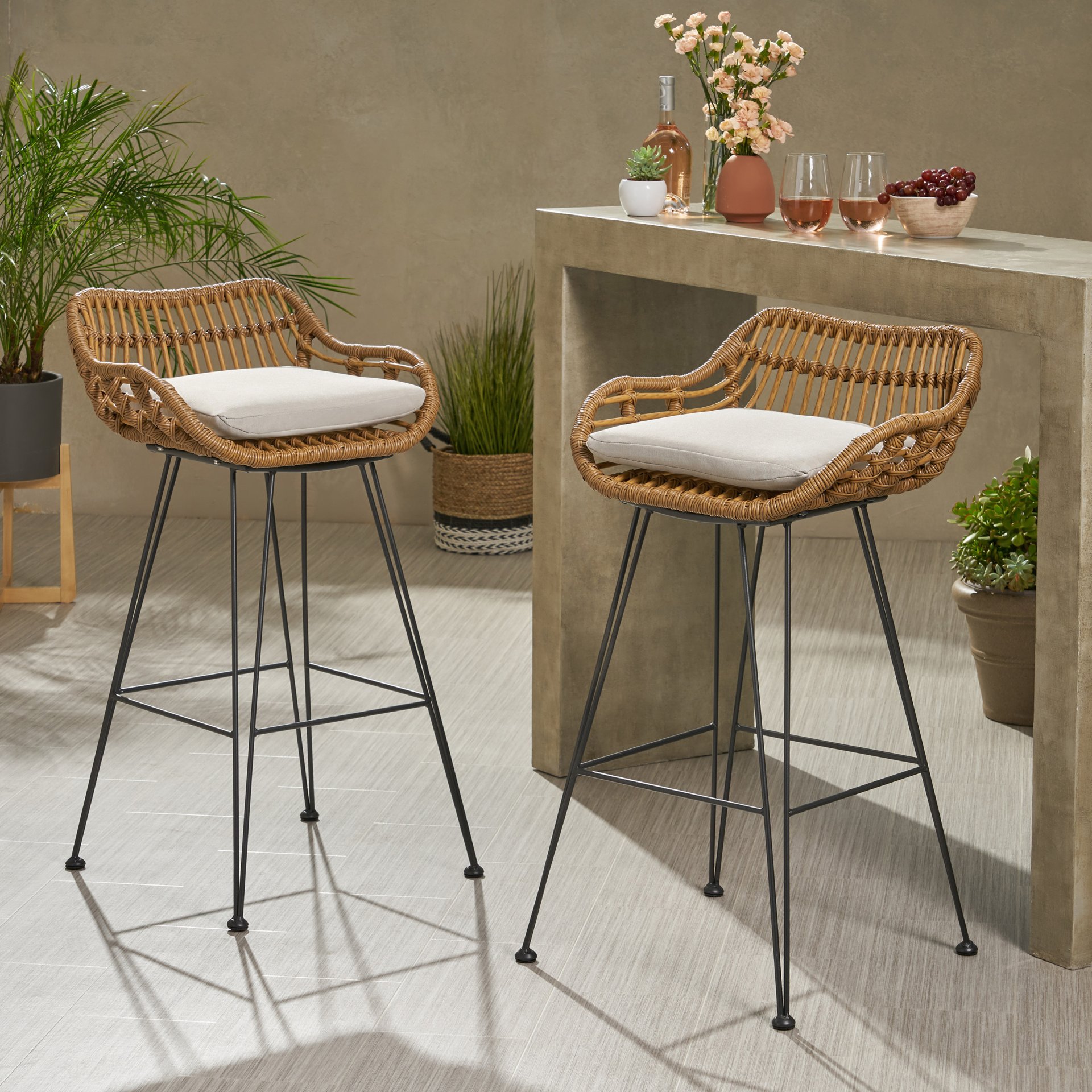 Outdoor Rattan Bar Chair With Metal Legs - Brown - Image 4