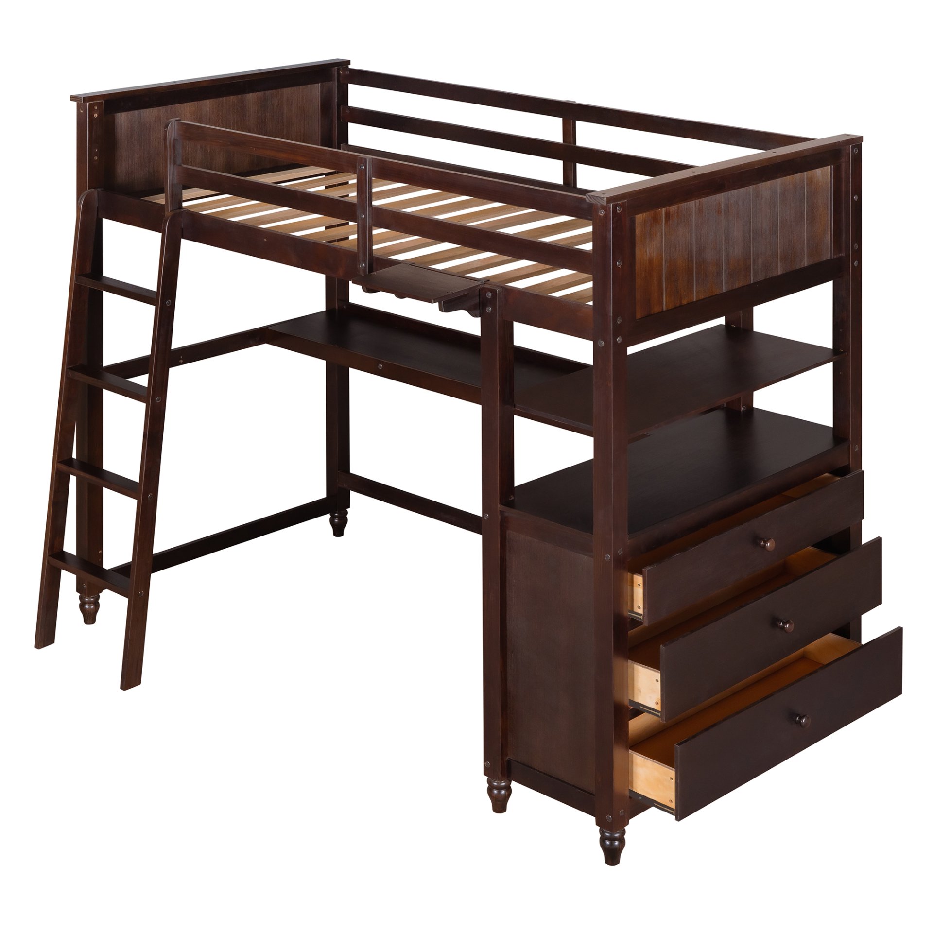 Twin Size Loft Bed With Drawers And Desk, With Shelves - Espresso - Image 5