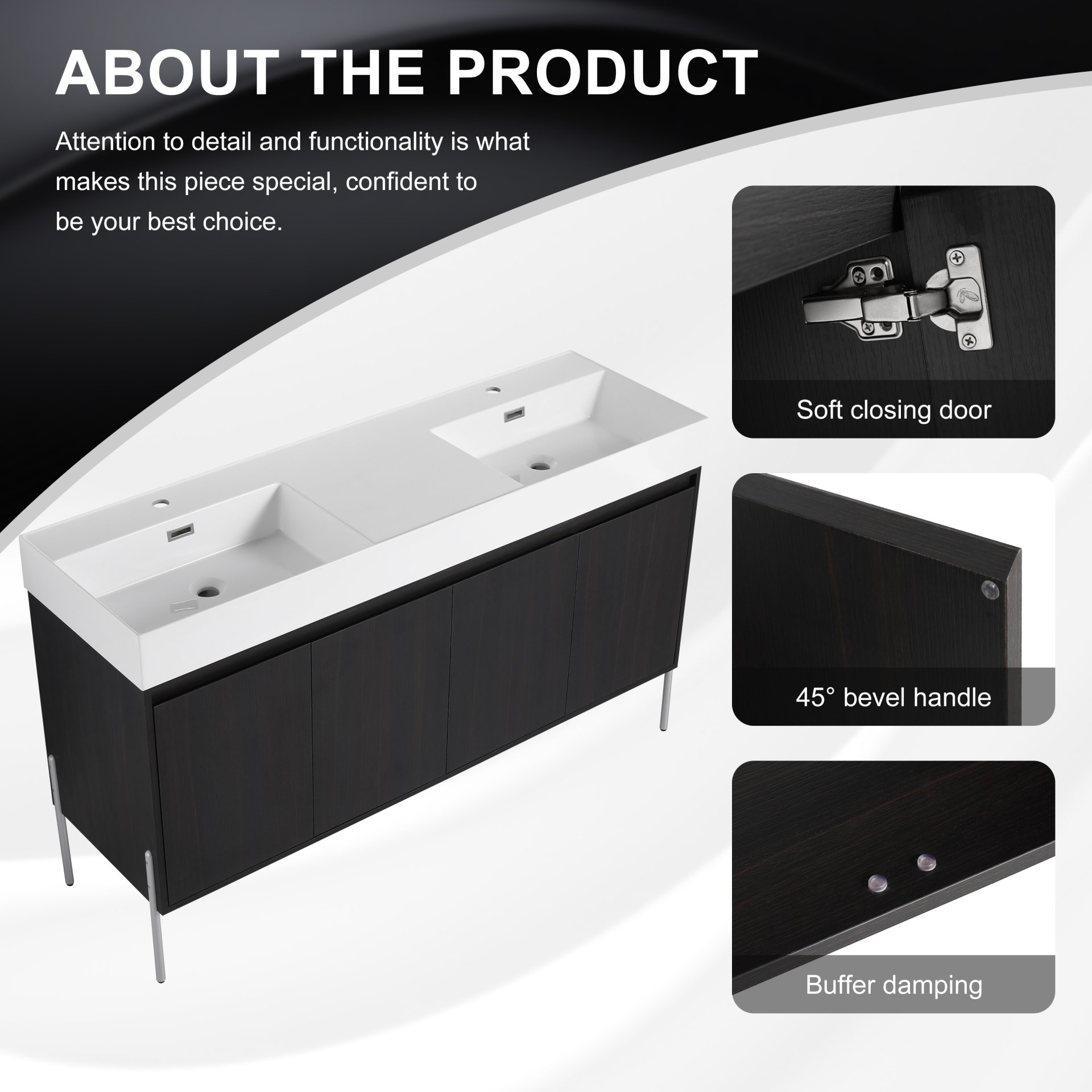 Deluxe 60" Freestanding Bathroom Vanity With Resin Double Sink - Dark Oak - Image 9