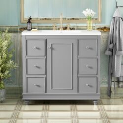 Contemporary Bathroom Vanity Cabinet, 4 Drawers & 1 Cabinet Door, Multipurpose Storage, Resin Integrated Sink, Adjustable Shelves, Solid Wood Frame With MDF - Gray