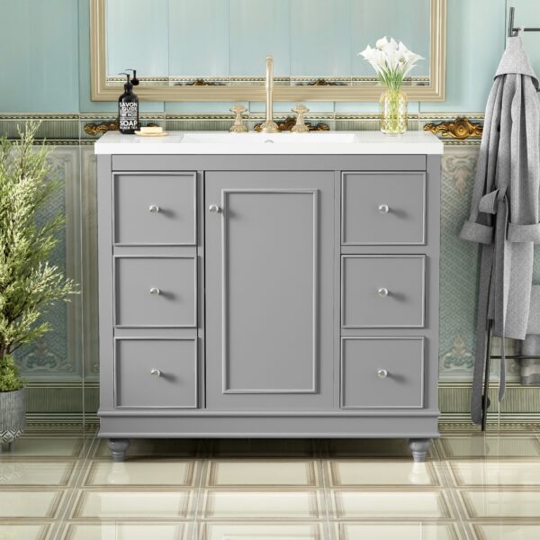 Contemporary Bathroom Vanity Cabinet, 4 Drawers & 1 Cabinet Door, Multipurpose Storage, Resin Integrated Sink, Adjustable Shelves, Solid Wood Frame With MDF - Gray