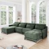 Elegant Four Seater Sofa With Movable Ottoman Lumbar Pillow Frame - Green - Image 19