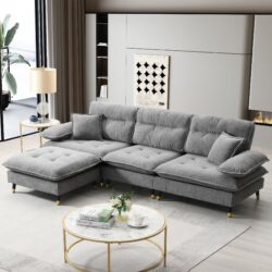 L Shaped Convertible Sectional Sofa 4 Seat Tufted Couch Set With Two Tone Adjust Legs Cloud Movable Ottoman - Gray