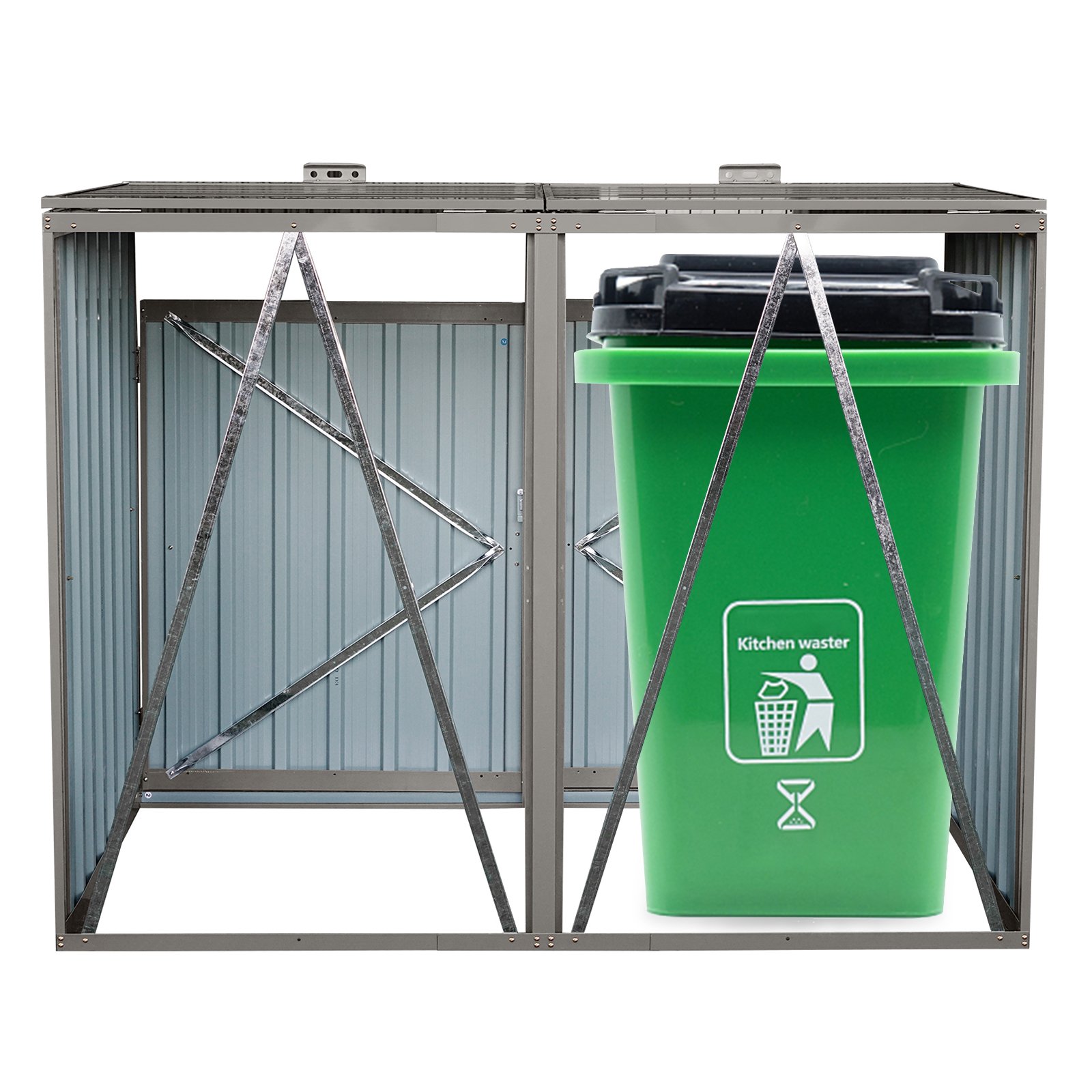 Garbage Bin Shed Stores 2 Trash Cans Metal Outdoor Bin Shed For Garbage Storage, Stainless Galvanized Steel, Bin Shed For Garden Yard Lawn - Gray - Image 10