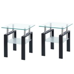 Modern 2 Piece Tempered Glass Small Table, End Table For Living Room, Sleek Waterfall Design - Transparent