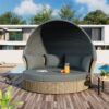 Outdoor Patio Daybed Wicker Rattan Double Daybed Round Sofa Furniture Set With Retractable Canopy, 4 Pillows For Lawn Garden Backyard Porch Pool - Gray - Image 3