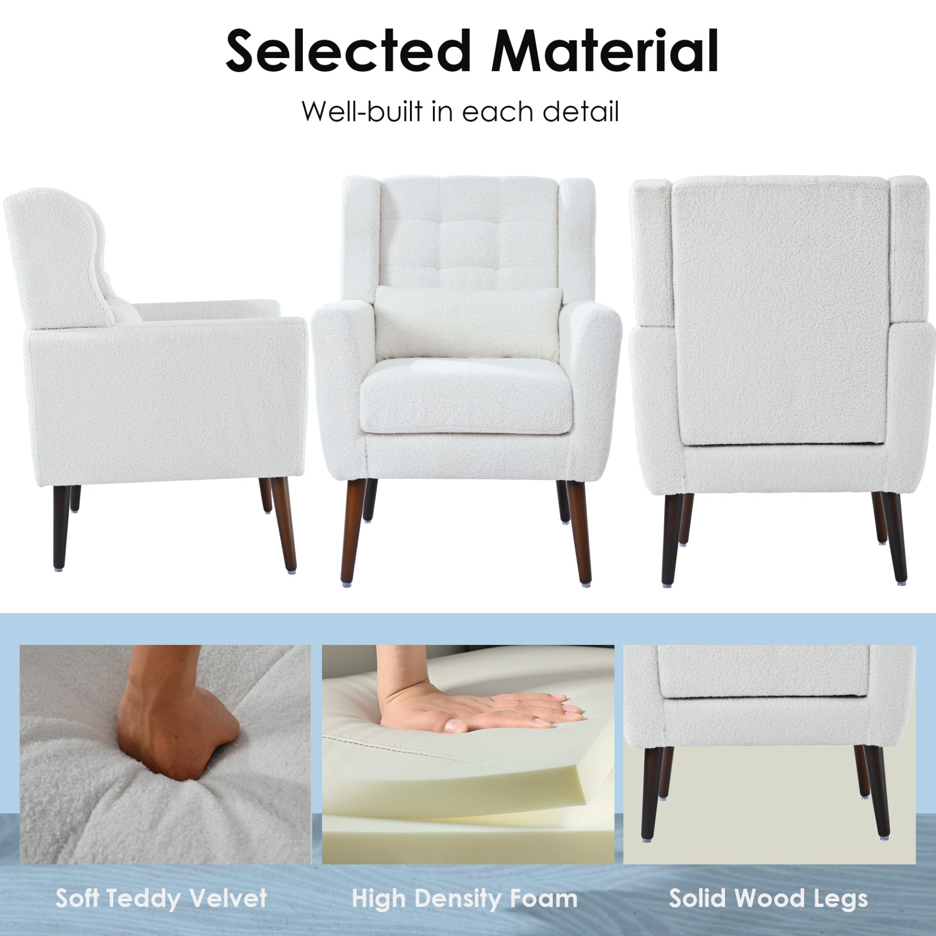 Modern Accent Chair, Teddy Fabric Living Room Chairs Comfy Reading Chair, Mid Century Accent Chair, Lounge Arm Chairs Armchair For Living Room Bedroom - White - Image 7