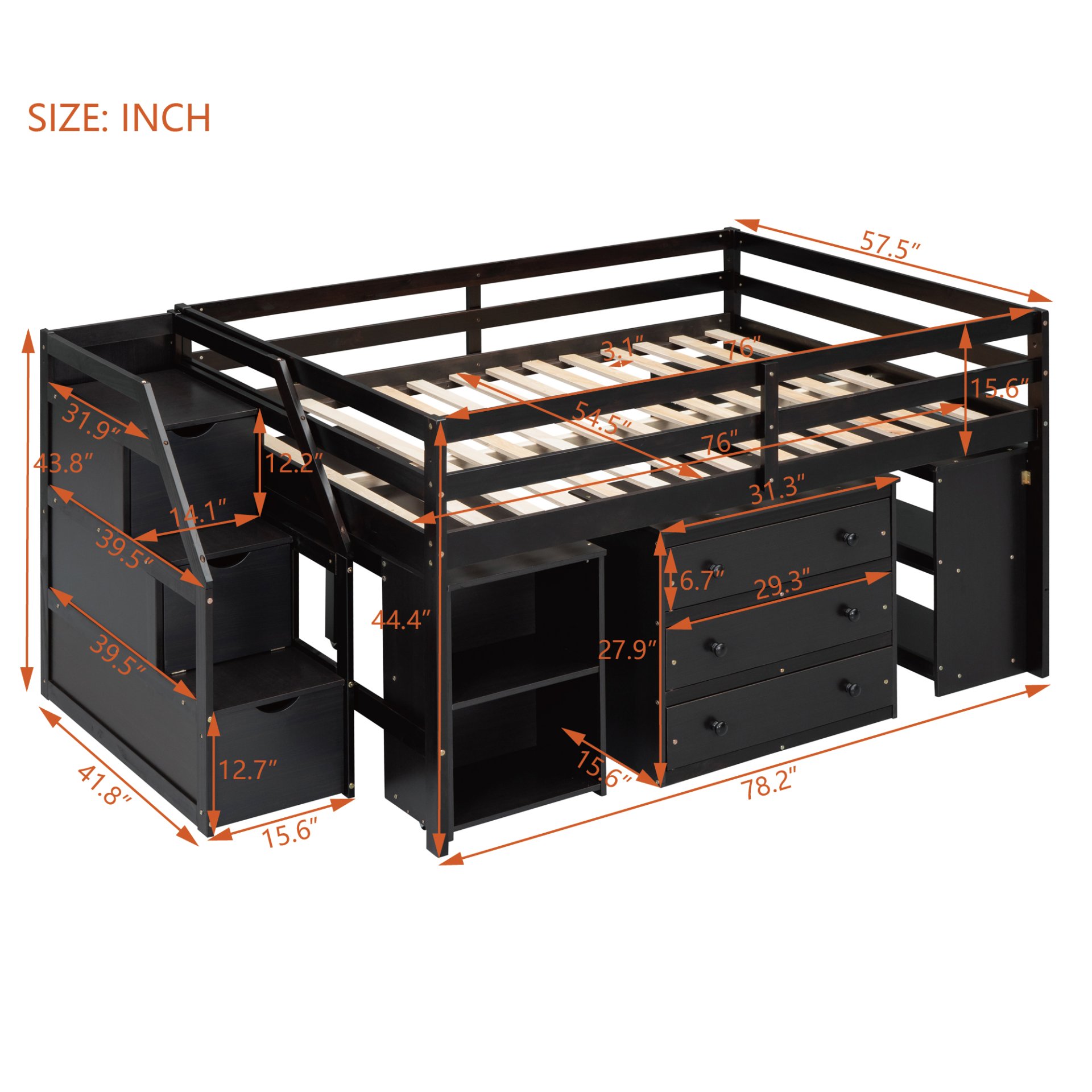 Full Size Loft Bed With Retractable Writing Desk And 3 Drawers With Storage Stairs And Shelves - Espresso - Image 6