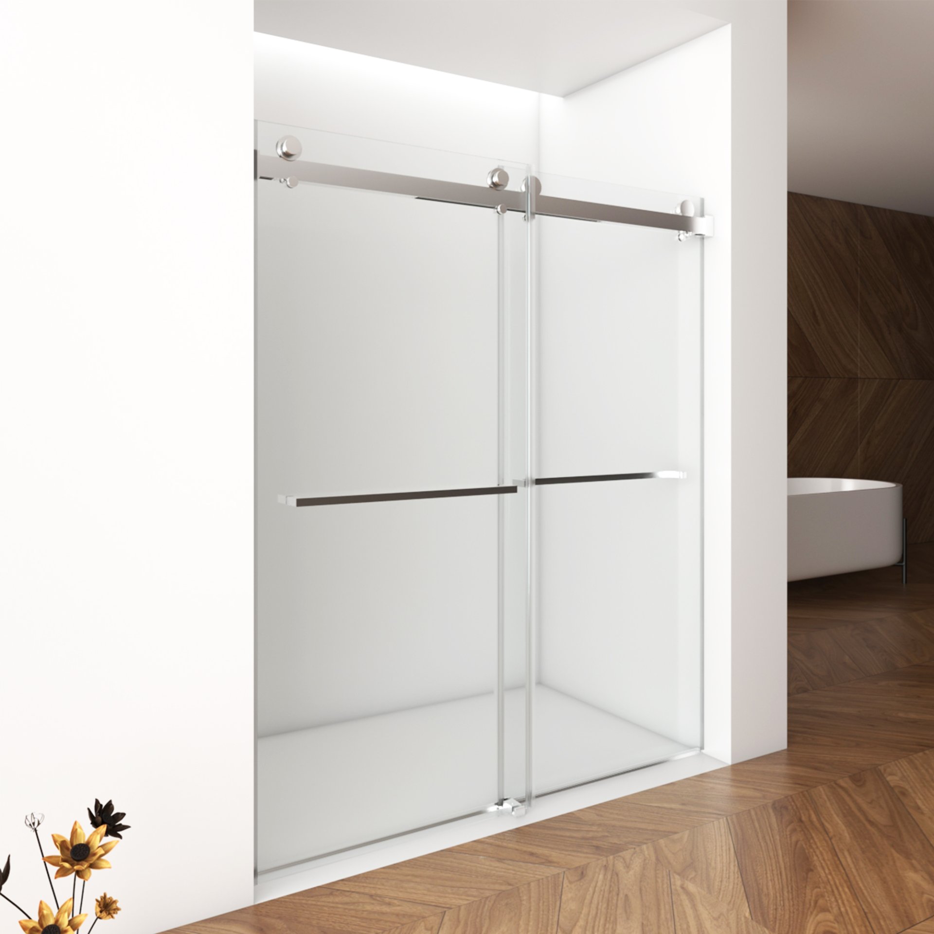 Frameless Shower Door, Double Sliding Shower Door, Clear Tempered Glass Shower Enclosure With Square Rail, Double Side Easy Clean Coat, Finished With Buffer - Brushed Nickel - Image 6