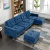 Elegant Convertible L - Shape Sectional Sofa Couch With Movable Ottoman, Velvet Upholstery - Blue - Image 20