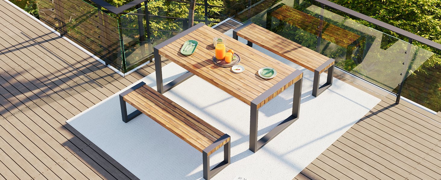 3 Pieces Outdoor Dining Table With 2 Benches, Patio Dining Set With Unique Top Texture, Acacia Wood Top & Steel Frame, All Weather Use, For Outdoor & Indoor - Natural - Image 6