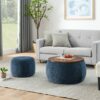 Round Storage Ottoman With 2 In 1 Function As End Table And Ottoman, Eucalyptus Wood And Foam - Dark Blue - Image 2