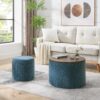 Classic Chenille Storage Ottoman Set With Drum Shaped Stool And Desktop Panel - Dark Blue - Image 2