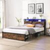 Contemporary King Size Metal Platform Bed Frame With Wooden Headboard And Footboard USB Charging LED Lights Storage & - Black / Brown - Image 4