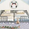 Double Twin Floor Bed With Fence, Guardrails, Without Door - Gray - Image 8