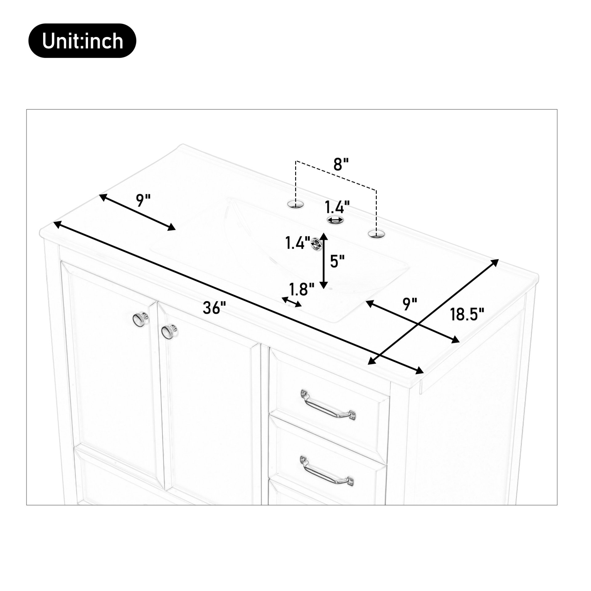Elegant Vintage 36" Bathroom Vanity With Sink, Soft Closing Door, 4 Drawers Of Different Sizes Frame And Leg - Blue - Image 10
