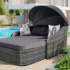 Outdoor Sunbed With Adjustable Canopy, Double Lounge, PE Rattan Daybed Wicker And Cushion - Gray - Image 4