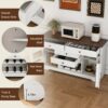 Rustic Farmhouse Kitchen Island With Storage Cabinet, Wood Top Breakfast Bar - White - Image 12