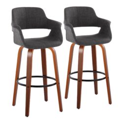 Vintage Flair - Mid-Century Modern Fixed Height Barstool With Swivel With Round Footrest (Set of 2) - Walnut / Charcoal