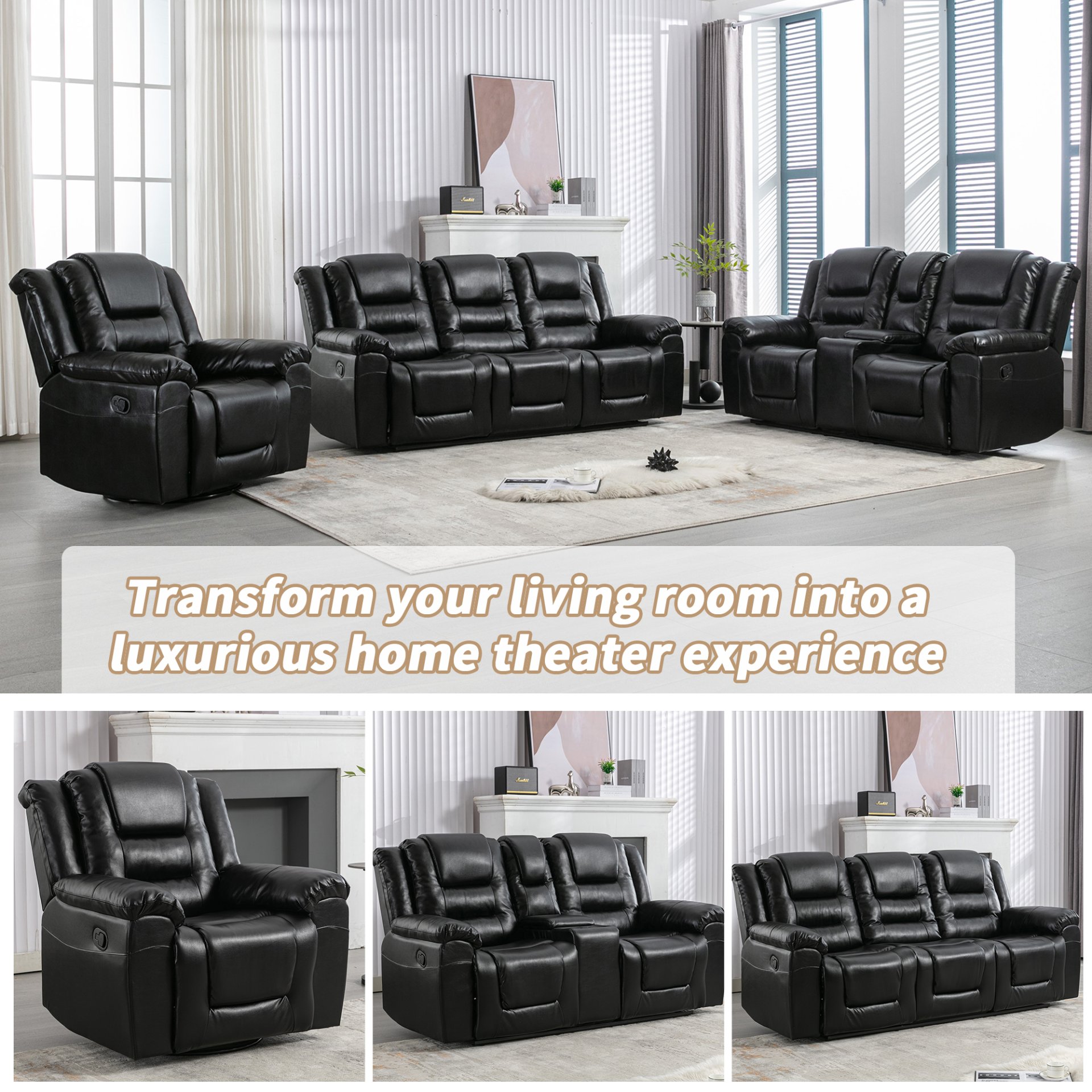 3 Seater Home Theater Recliner Manual Recliner Chair With Two Built-In Cup Holders For Living Room - Black - Image 6