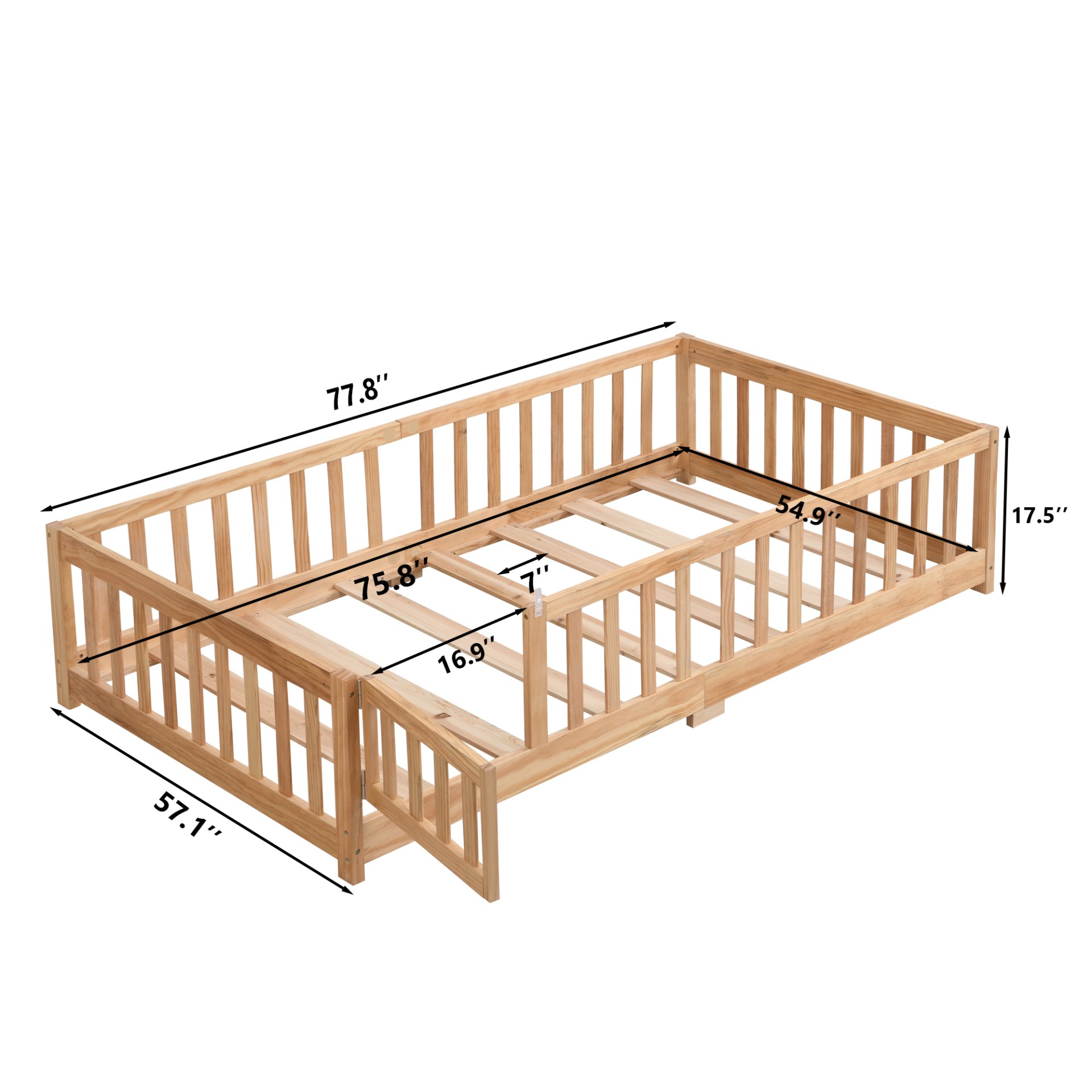 Solid Wood Full Size Floor Bed With Door And Safety Guardrails For Children - Natural - Image 3
