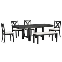 Topmax - 6 Piece Farmhouse Extendable Dining Table With Footrest, 4 Upholstered Dining Chairs And Dining Bench, Two 11" Removable Leaf - Black / Beige