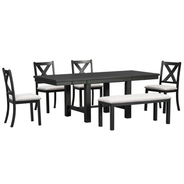 Topmax - 6 Piece Farmhouse Extendable Dining Table With Footrest, 4 Upholstered Dining Chairs And Dining Bench, Two 11" Removable Leaf - Black / Beige