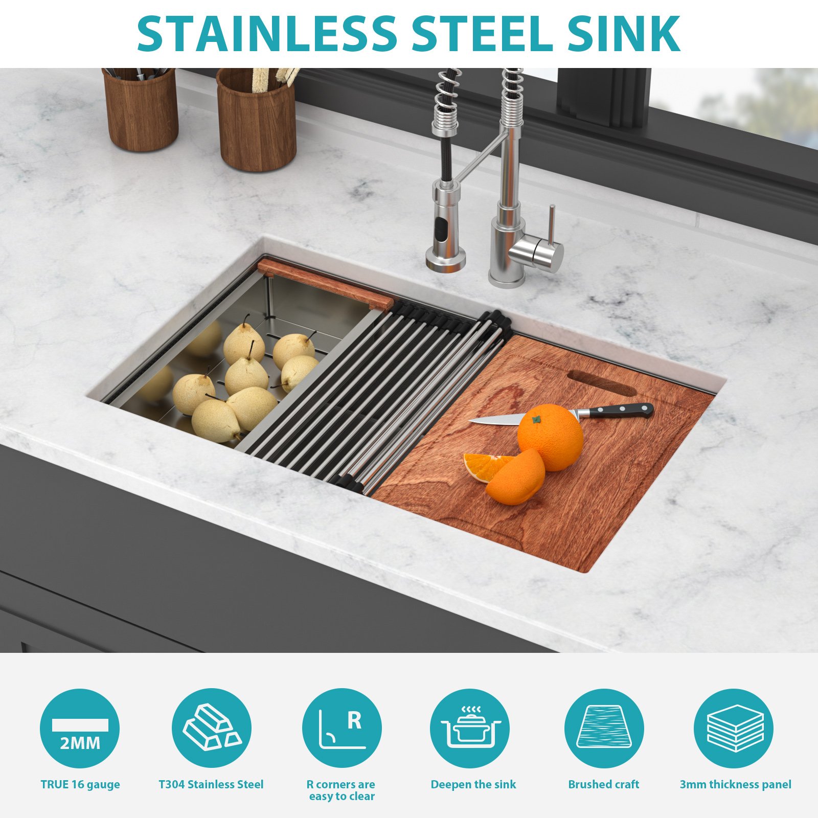 30" Undermount Kitchen Sink Single Bowl 16 Gauge T304 Ledge Workstation With 3Mm Silencer Pad - Brushed Nickel - Image 8