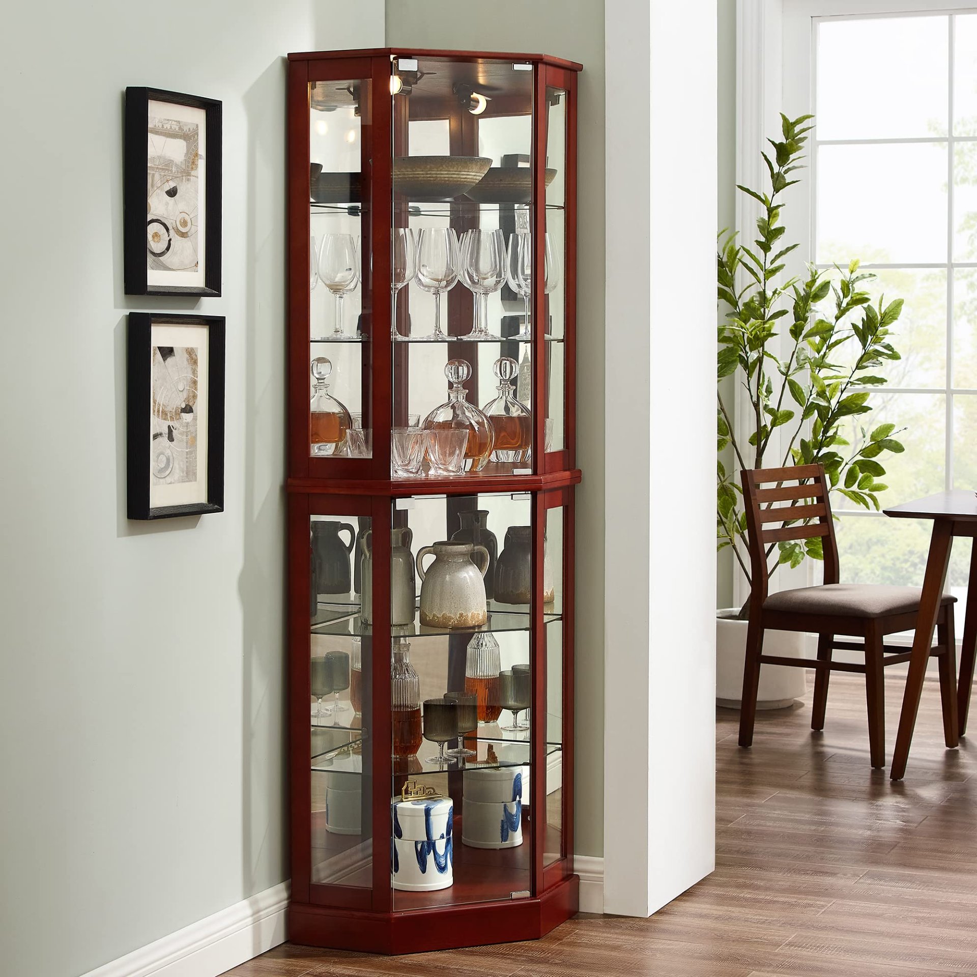 6 Shelf Corner Curio Display Cabinet With Lights, Mirrors And Adjustable Shelves (E26 Light Bulb Not Included) - Cherry - Image 3