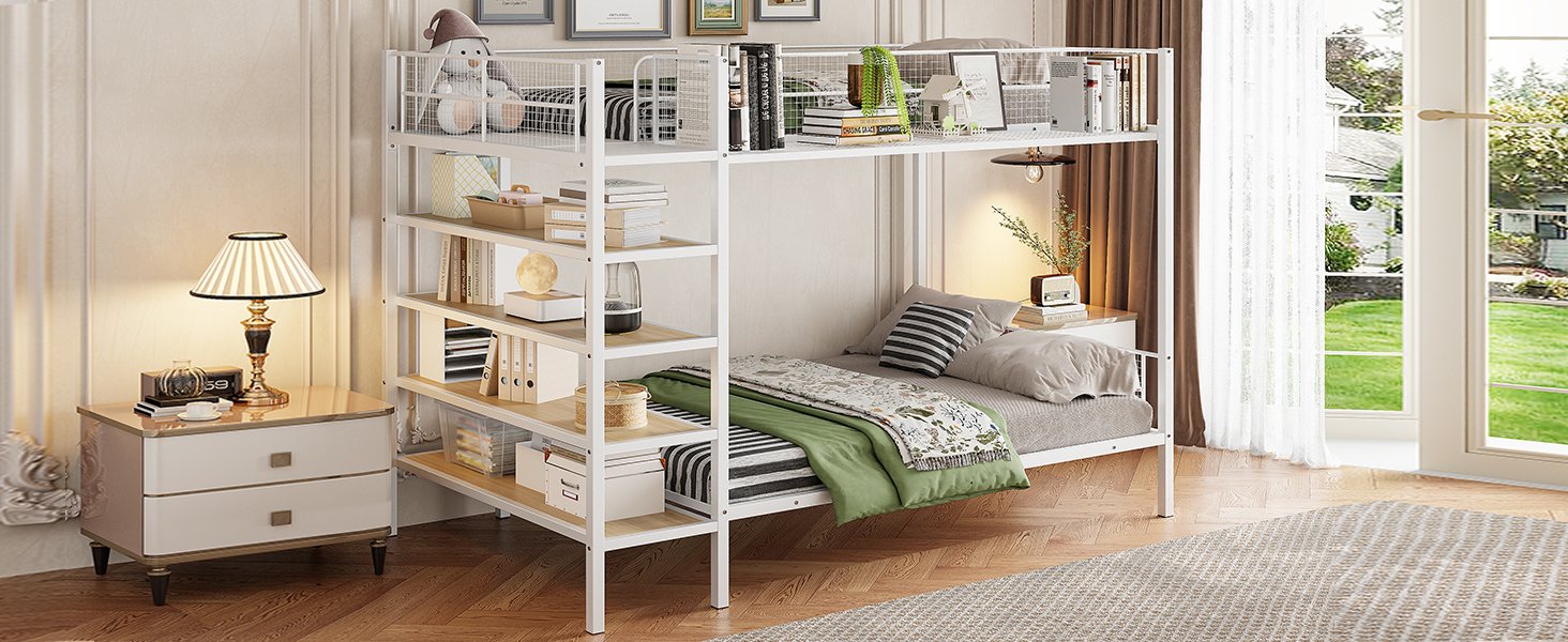 Twin Over Full Bunk Bed With 5 Tier Shelves - White - Image 17