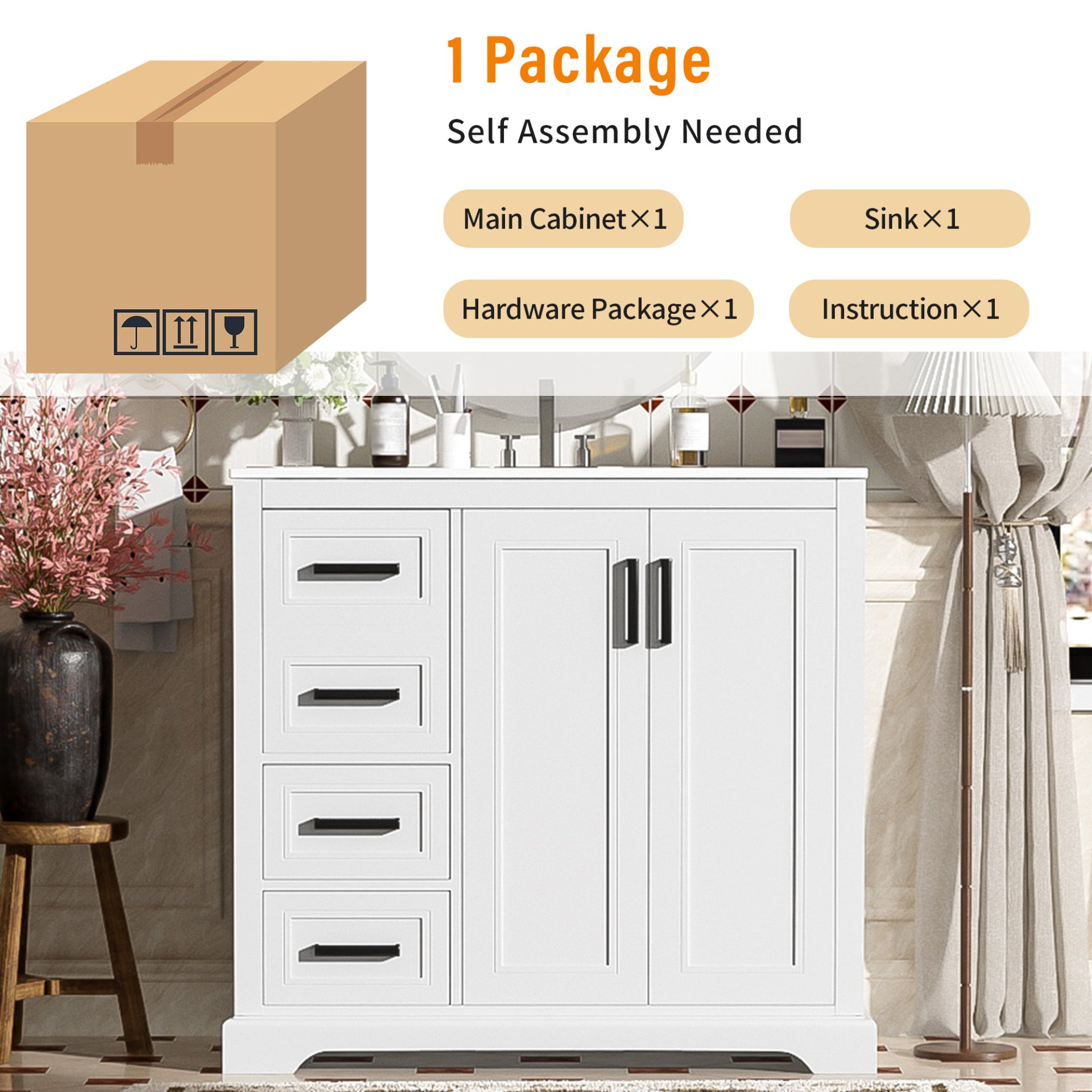 36" Bathroom Vanity With Sink, Soft Close Doors, Adjustable Shelf & 3 Drawers - White - Image 9