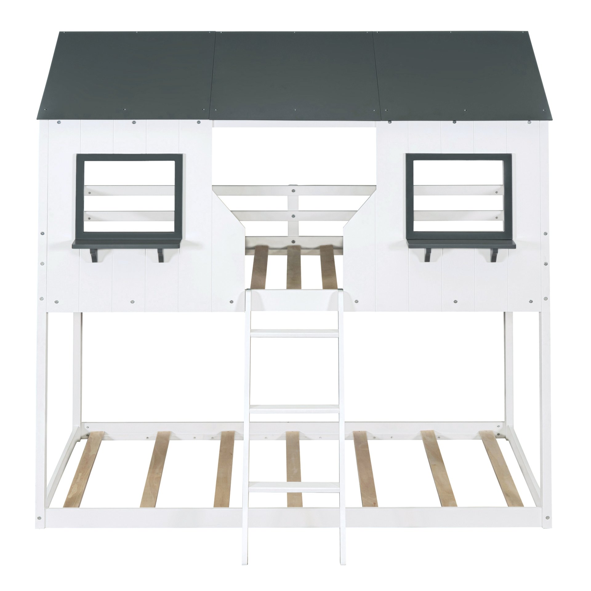 Twin Over Twin Bunk Bed Bed With Roof, Window, Guardrail, Ladder - White - Image 6