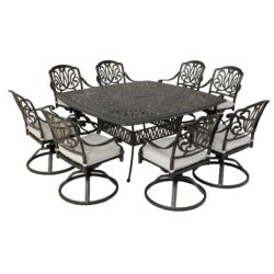 Square 8 Person 64" Long Aluminum Dining Set With Cushions With Swivel And Rocking Chairs - Dark Gray / White