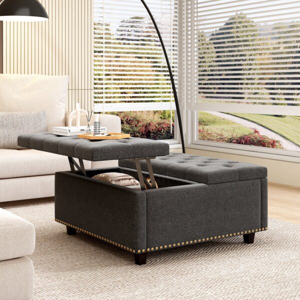 Massive Square Storage Bench, Footstool With 2 Storage Doors, Mid - Century Modern Coffee Table For Living Room, Nailhead Inlay - Dark Gray