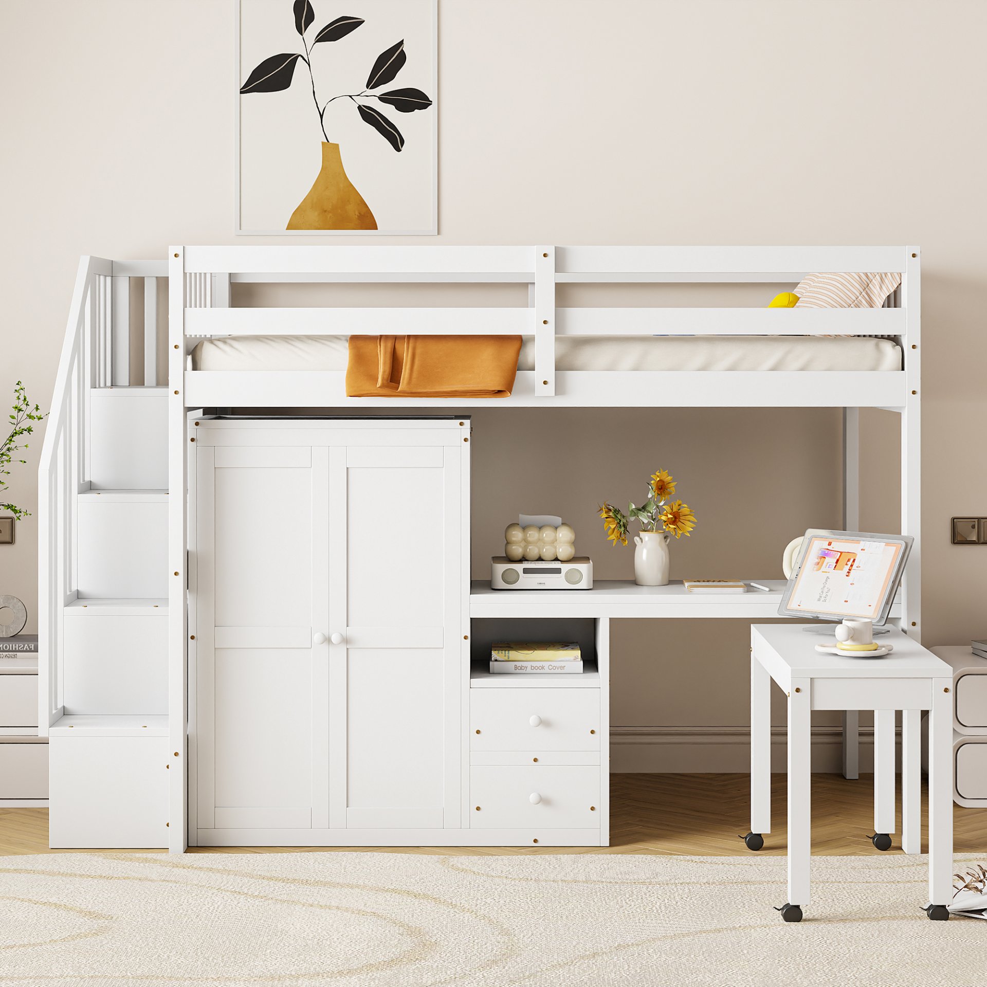 Twin Size Loft Bed With Stairs, Bookshelf, Drawers, Desk & Wardrobe, Space Saving Multifunctional Furniture - White - Image 3