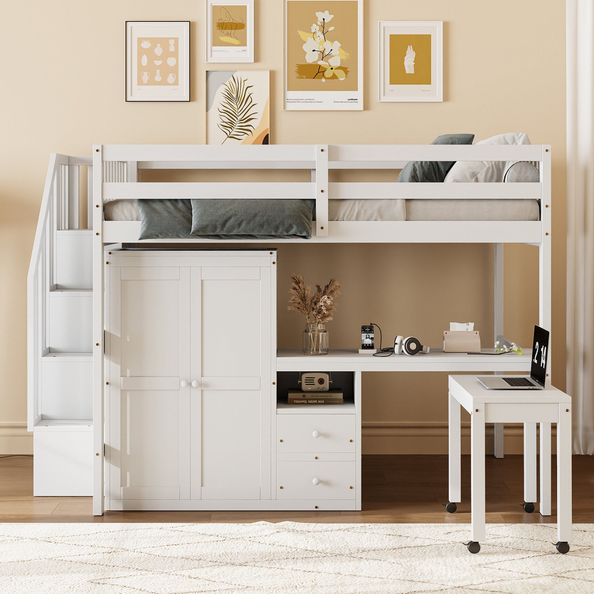 Full Size Loft Bed With Stairs, Bookshelf, Drawers, Desk & Wardrobe, Space Saving Multifunctional Furniture - White - Image 2