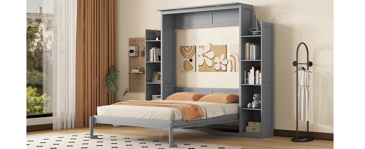 Queen Size Murphy Wall Bed With Shelves And LED Lights - Gray - Image 22