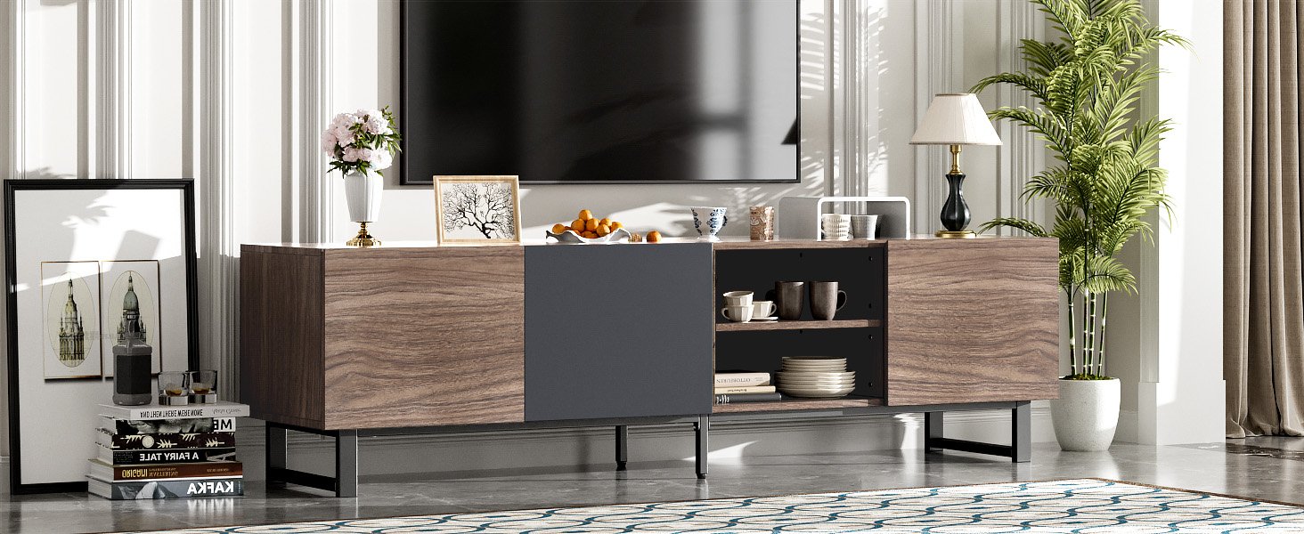 Modern TV With 3 Cabinets & Open Shelves, Color-Matching Media Console Table For Tvs Up To 80'', Entertainment Center With Drop Down Door For Living Room - Dark Brown - Image 20