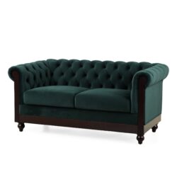 Chesterfield Velvet Loveseat Sofa 2 Person Rolled Arm Upholstered Couch - Forest Green
