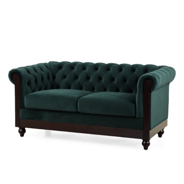 Chesterfield Velvet Loveseat Sofa 2 Person Rolled Arm Upholstered Couch - Forest Green