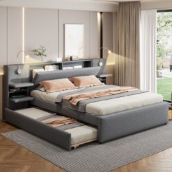 Queen Size Upholstered Platform Bed With Reading Lights, Drawers, Trundle And Shelves - Gray