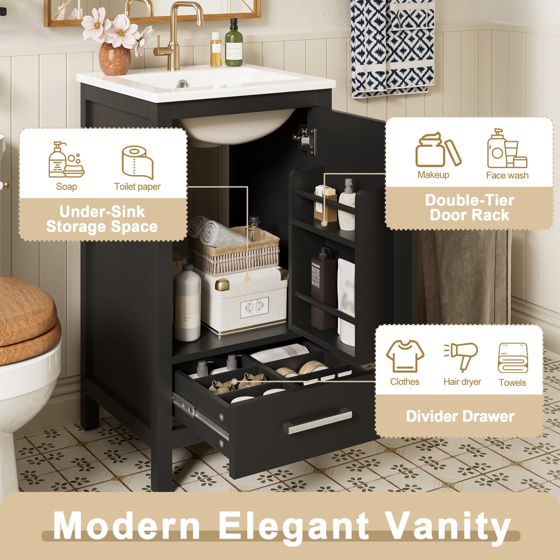 18" Bathroom Vanity With Sink, Soft Close Drawers, Door Organizer, Divider Drawer, Adjustable Foot Pads - Black - Image 7