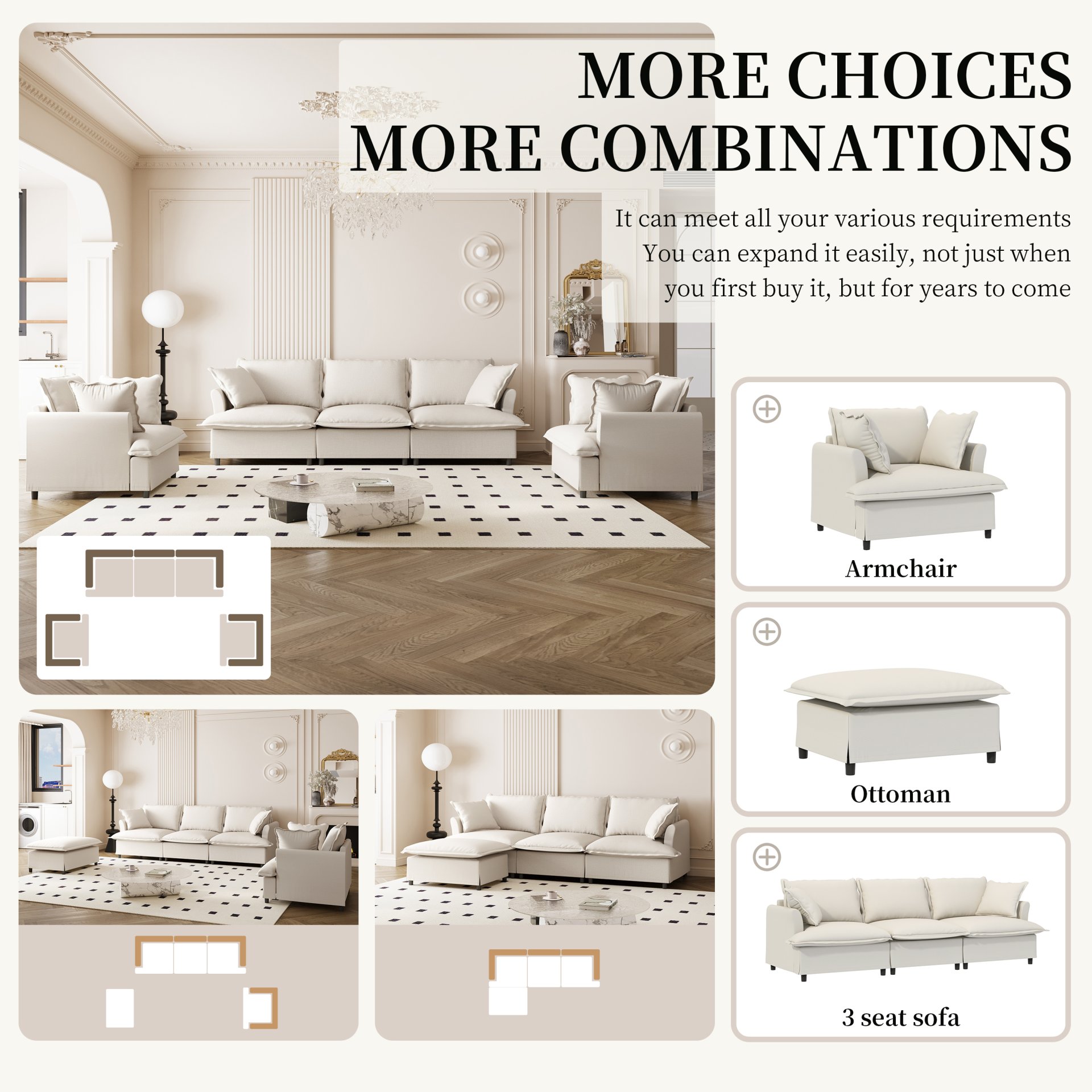 3 Piece Living Room Set Modular Sectional Couch Upholstered 3 Seater Sofa & 2 Armchairs 5 Seat - Beige - Image 4