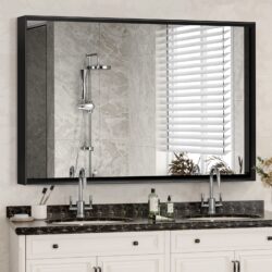 Glossy Bathroom Mirrors For Wall Rectangle Vanity Mirror Corner Hangs Farmhouse Mirror Modern Metal Framed Rectangular Mirror, Decorative Square Corner Mirror (Horizontal & Vertical) - Black